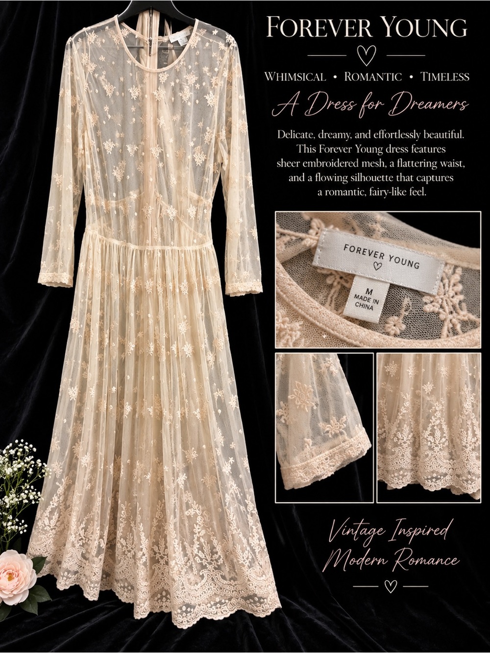 Forever Young Baby Pink Embroidered Sheer Long Sleeve Dress